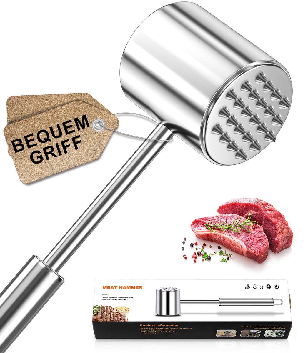 304 Stainless Steel Meat Hammer, Double-Sided Meat Hammer, Dishwasher Safe, Schnitzel Beater for Steaks and Cutlets - Silver