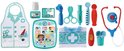 Een set speelgoeddoktersbenodigdheden: witte dokterspruim, speelgoedtablett, injectiespuit, thermometer, stethoscoop, dokterstas.