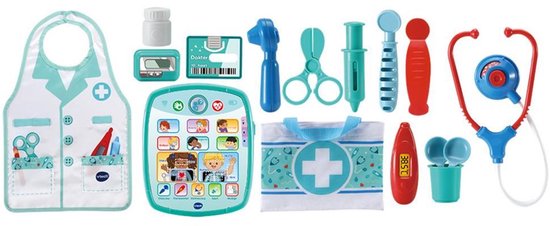 Een set speelgoeddoktersbenodigdheden: witte dokterspruim, speelgoedtablett, injectiespuit, thermometer, stethoscoop, dokterstas.