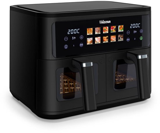 Zwarte Tristar dubbele heteluchtfriteuse met digitaal touchscreen en twee manden met chromen handvatten.