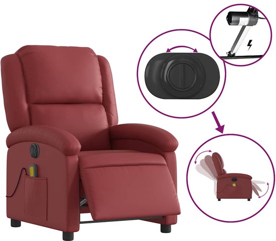 Bordeauxrode elektrische massagestoel met verstelbare rugleuning en voetsteun. Close-up van bedieningsknoppen.