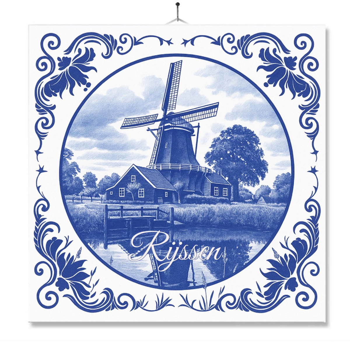 Tegel Met Opdruk | Rijssen | Delft Blauw | Cadeau | Inclusief Geschenkdoos | Standaard | Ophangsysteem