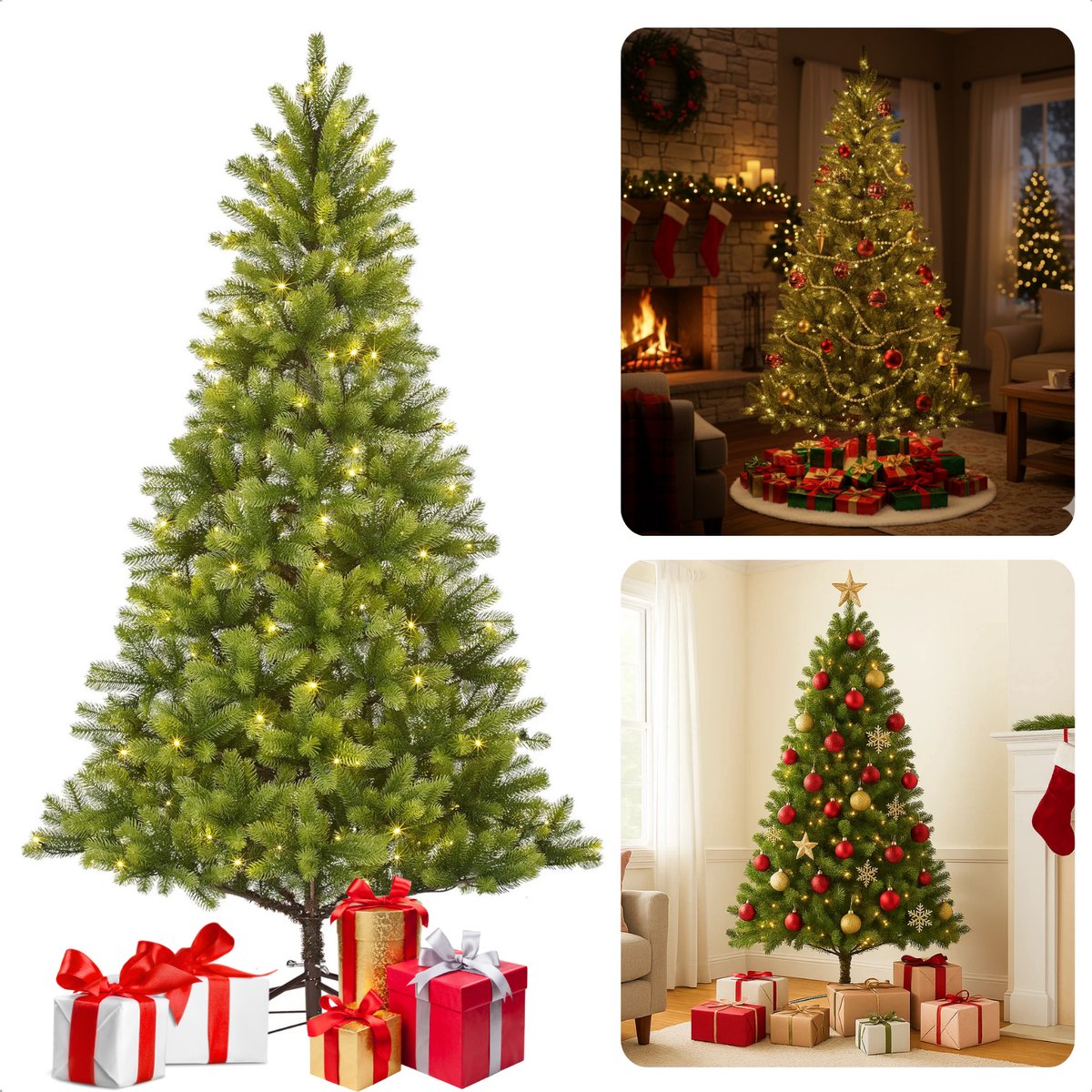 Cheqo® Kunstkerstboom Met LED-Verlichting - LED-Lampjes Warm Wit - Natuurlijke Uitstraling - Volle Kerstboom - Scharnier Constructie - Luxe Takverdeling - 180 CM Kerstboom - Groene Kerstboom - Eenvoudig Op Te Zetten