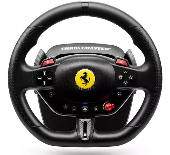 Zwart race stuur met Ferrari logo, grijze carbon-look paddels en rode knoppen. Tekst: THRUSTMASTER.