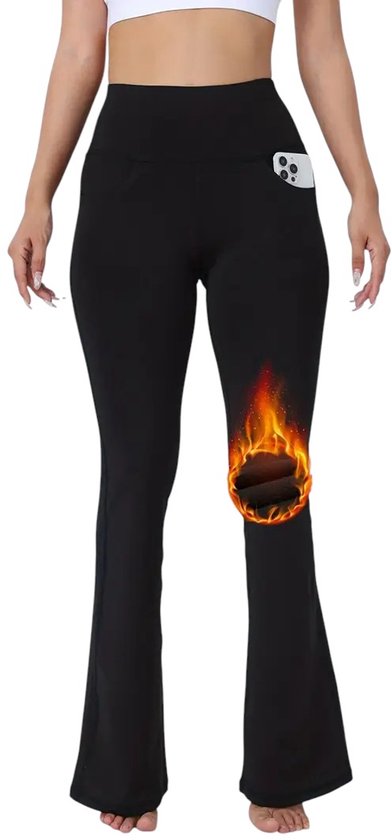 Foto: Wintercasual dames flared pants met fleece voering 4 handige zakken front pockets back pockets legging broek met zakken met uitlopende pijpen extra warm zwart maat l