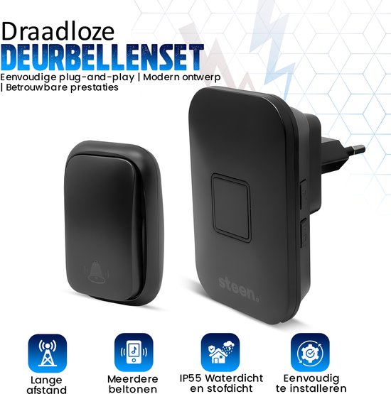 STEEN® Draadloze Deurbel Set - Deurbellen met 1 drukker en 1 Ontvanger - 5 Volume­standen (25–85 dB) - IP44 Waterdicht - Bereik 300m - Inclusief Batterij & Montage­materiaal - Plug & Play — afbeelding 5