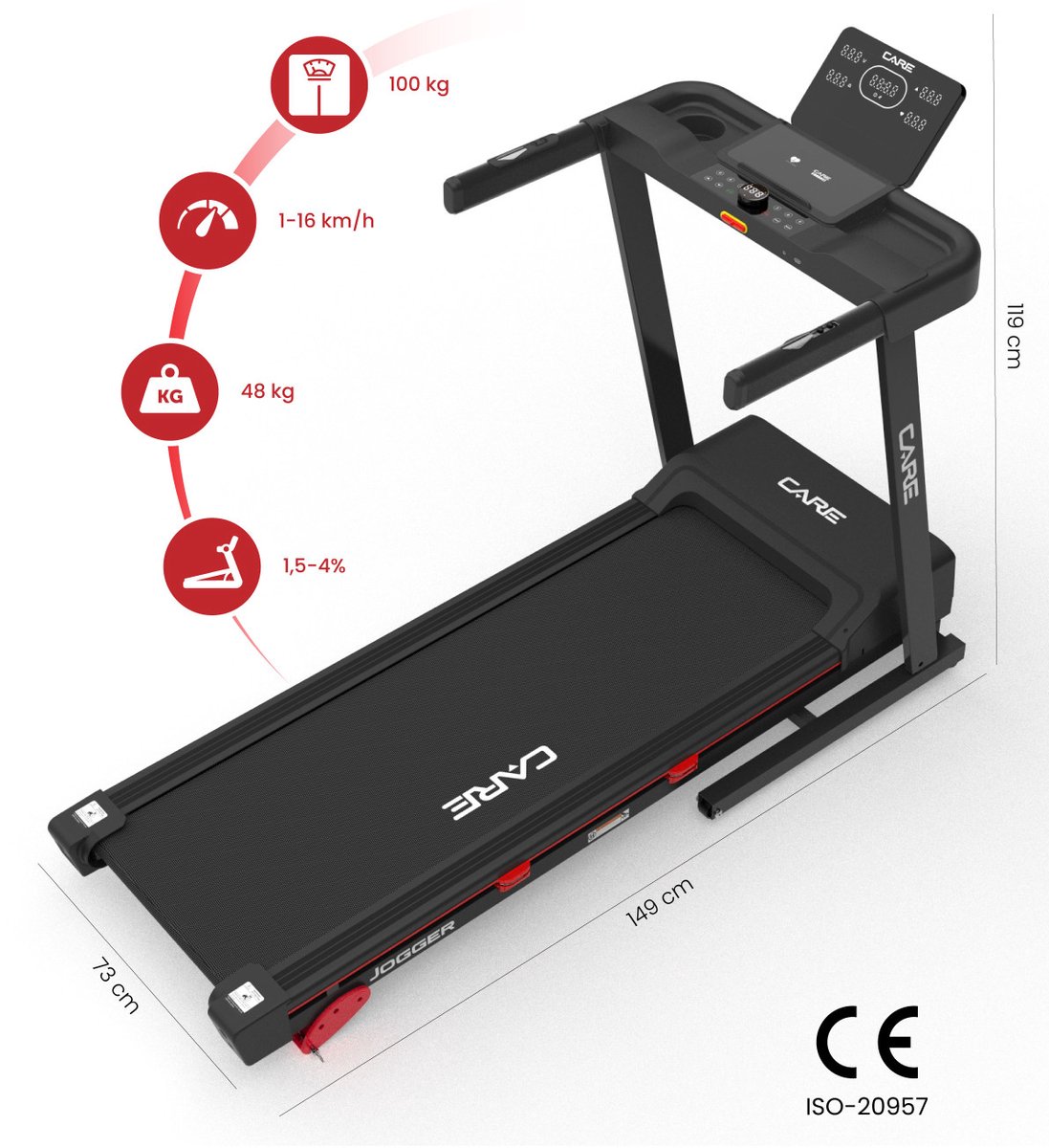 CARE JOGGER - Connected en opvouwbare loopband - Maximale snelheid 16 km/u - 28 programma’s - Handmatige helling met 3 niveaus - Voor thuisgebruik thumbnail 2