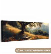 Canvas schilderij 150x50 cm - Exclusieve wanddecoratie Bankje - Boom - Klaprozen - Heuvels - Muurdecoratie woonkamer - Slaapkamer decoratie - Kamer accessoires - Schilderijen op canvas
