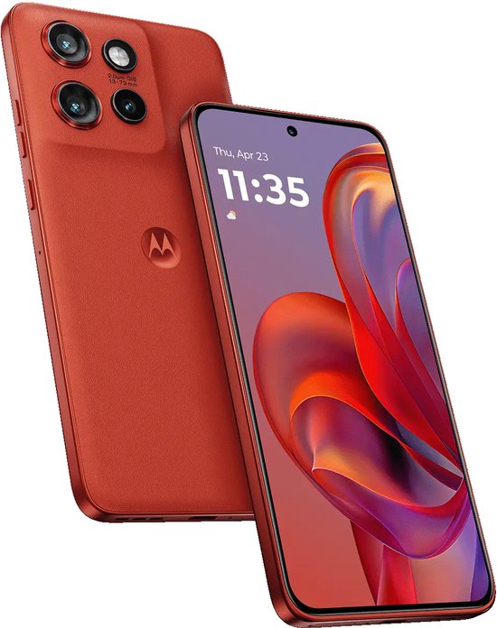 Motorola edge 60 Neo in oranje, met de achterkant en voorkant met ingeschakeld scherm zichtbaar.