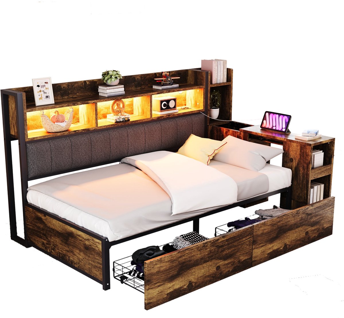 Merax Logeerbed - 90x200cm - Bed met Bureau en Opbergruimte - LED Verlichting - Hout en Metalen Frame - Met Stopcontacten - Bruin