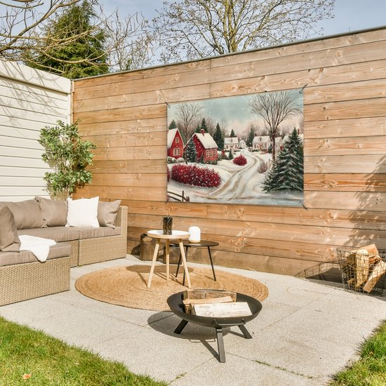 Tuinposter 120x80 cm - Tuindecoratie Kerstsfeer - Landelijk - Rood - Poster voor in de tuin - Buiten decoratie - Schutting tuinschilderij - Tuindoek muurdecoratie - Wanddecoratie balkondoek