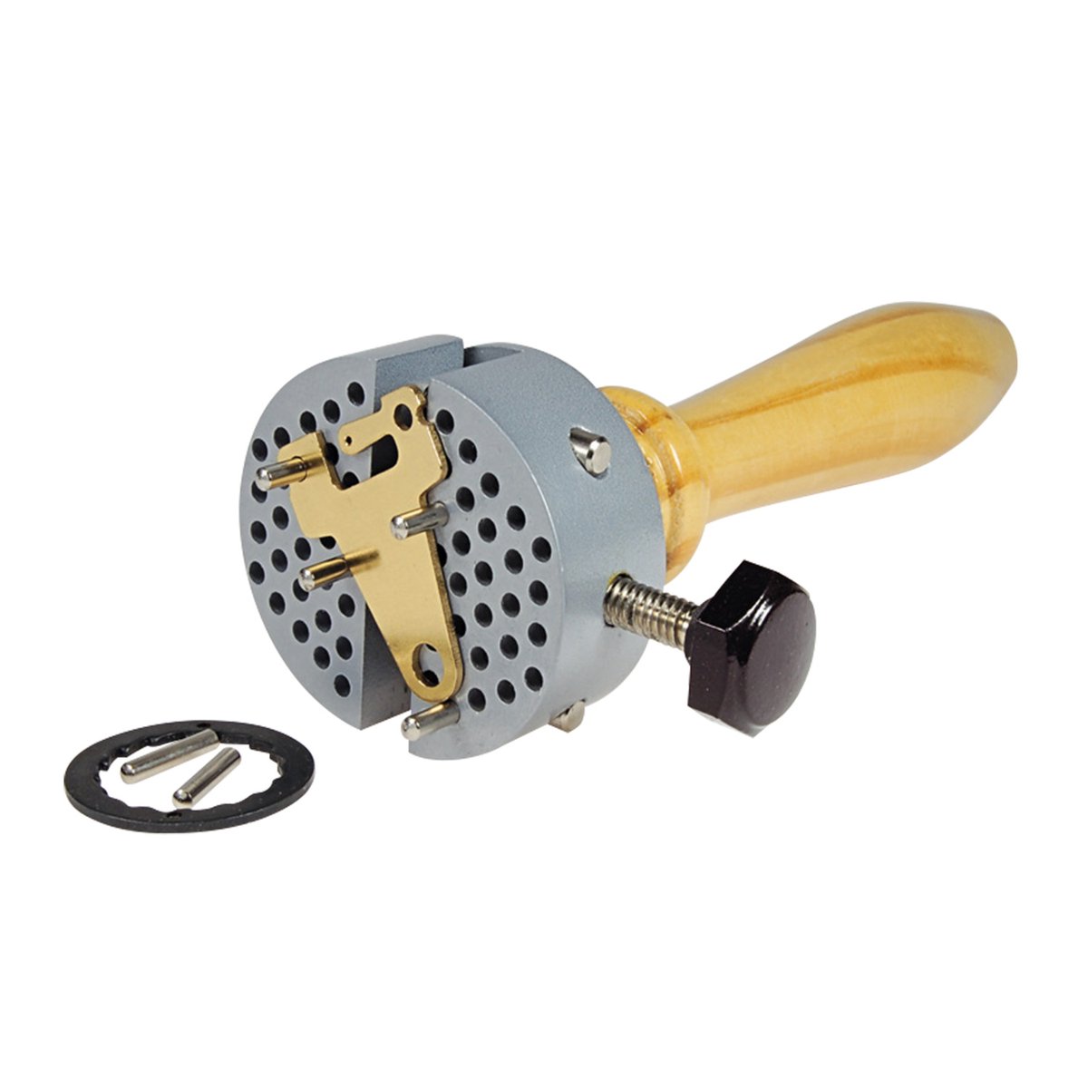 Werkstukhouder - Houdt ongebruikelijke werkstukken stevig vast met stalen pennen - Helpt bij nauwkeurig mechanisch werk - Handige houten handgreep - C335866