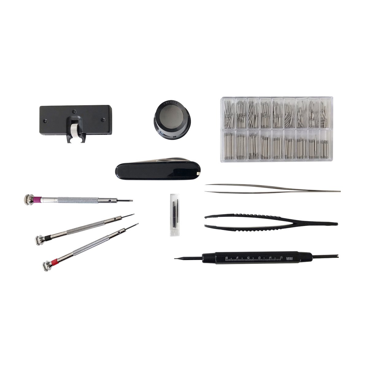 SELVA werkplaatsset, voor het vervangen van batterijen en banden, optimaal gemonteerd, speciaal gereedschap voor horlogemakers, horlogeservice, doos: 16 x 30 cm