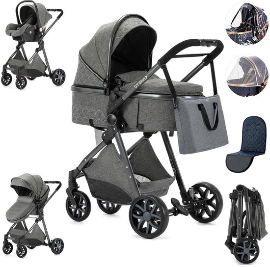 Stemap® Luxe Multifunctionele 3-in-1 Combi Kinderwagen | Kwalitatieve Buggy | Opklapbare Wandelwagen | Donkergrijs | Incl. Autostoel, luiertas, regenhoes, muggennet & zomermatje