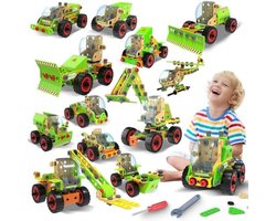 14-in-1 Bouwspeelgoedset Educatieve Constructie Kit STEM Speelgoed voor Kinderen 4-12 Jaar Bouwvoertuigen Tractor Bulldozer Graafmachine Vorkheftruck Helikopter Creatief Leren Techniek