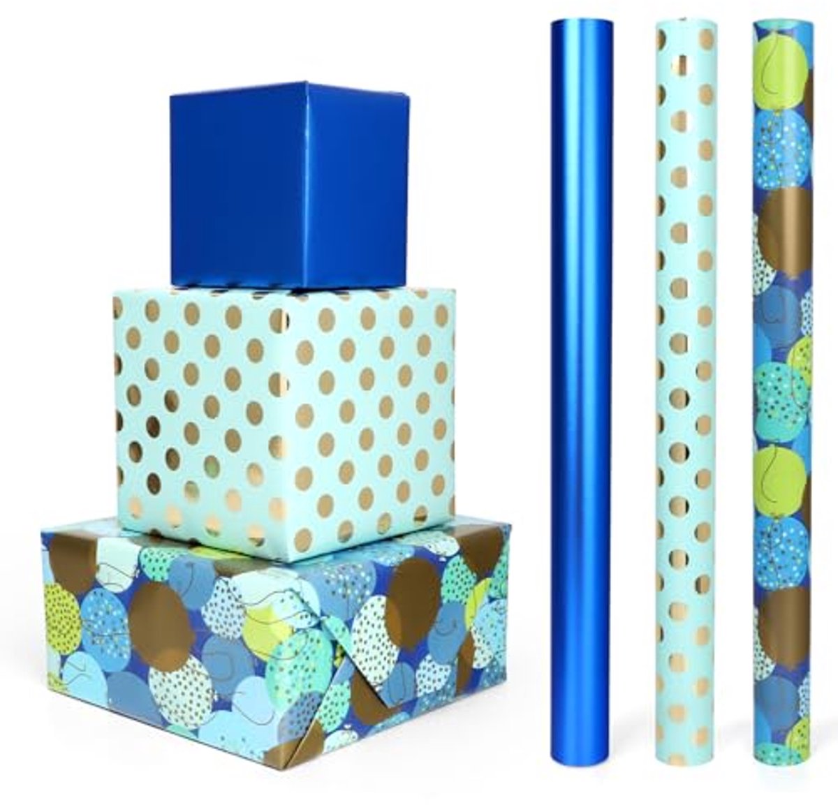 Cadeaupapier rol blauw met gouden stippen - 3 rollen van 43 x 300 cm - Perfect voor verjaardagen, bruiloften en feestelijke gelegenheden
