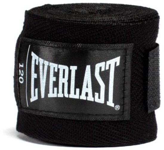 Zwarte Everlast handwraps (120 inch) met wit Everlast logo op zwart label.
