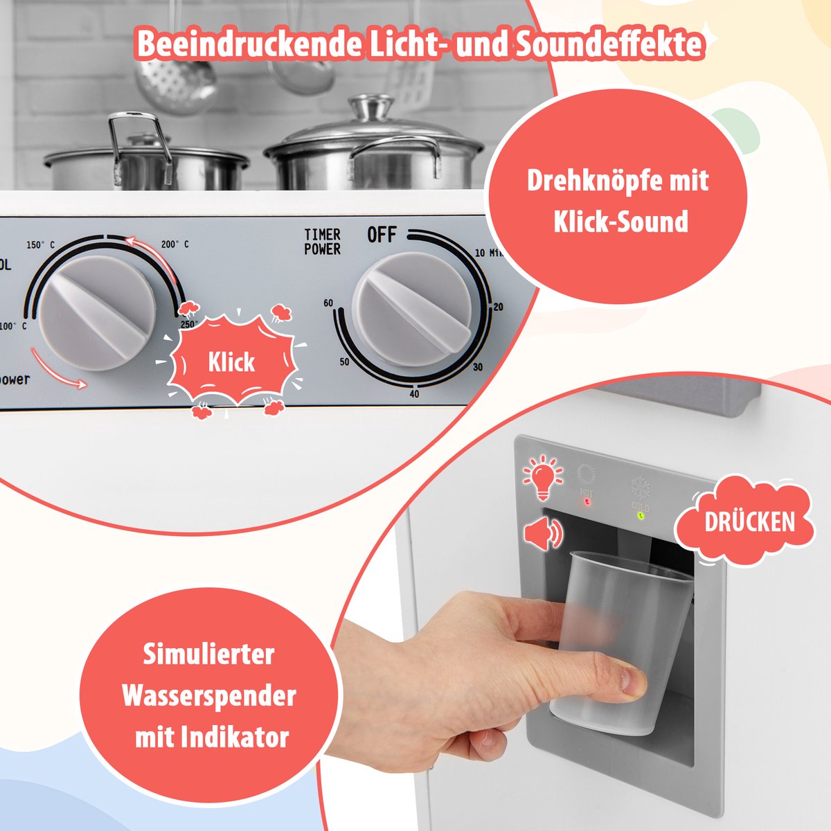 COSTWAY Houten kinderkeuken met wasmachine, gootsteen, waterdispenser, magnetron, oven, gebruiksvoorwerpen, speelkeuken met licht en geluid, voor kinderen vanaf 3 jaar — afbeelding 9