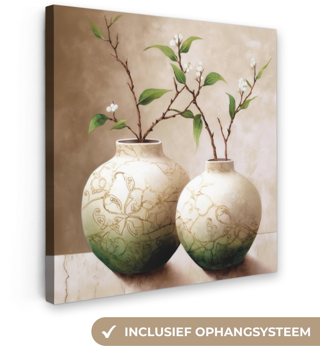 Canvas schilderij 50x50 cm - Wanddecoratie badkamer Bloemen - Vaas - Wit - Botanisch - Bei
