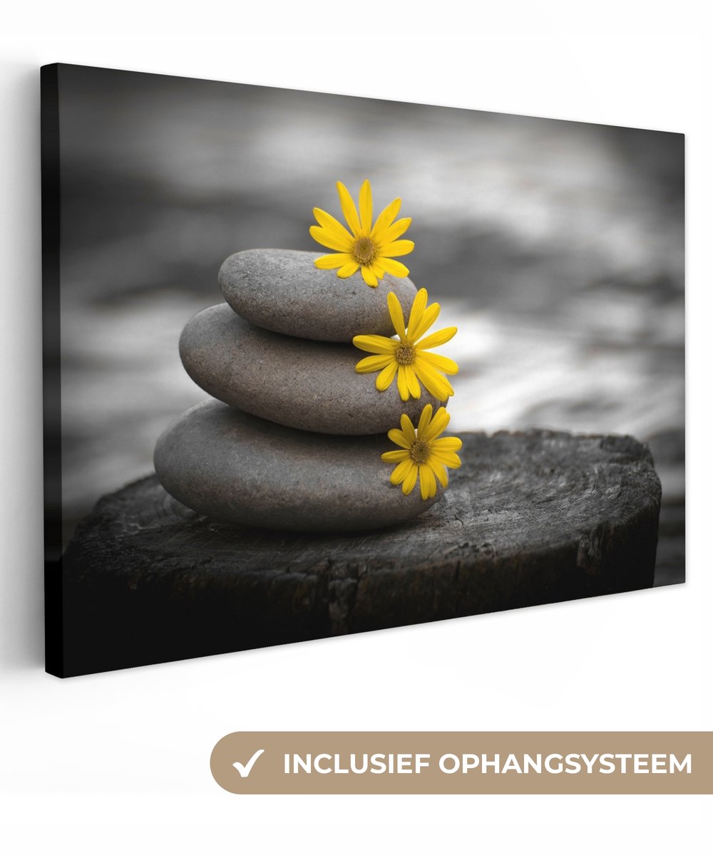 Canvas schilderij 180x120 cm - Wanddecoratie badkamer Zen stenen - Bloemen - Geel - Natuur
