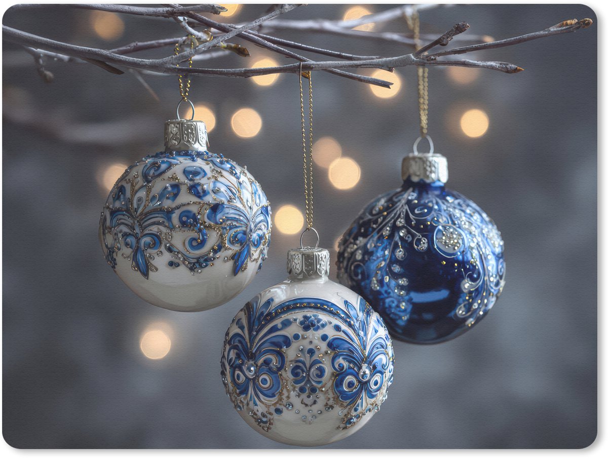 Muismat 23x19 cm - Mousepad Kerstbal - Versierd - Blauw - Muismatten