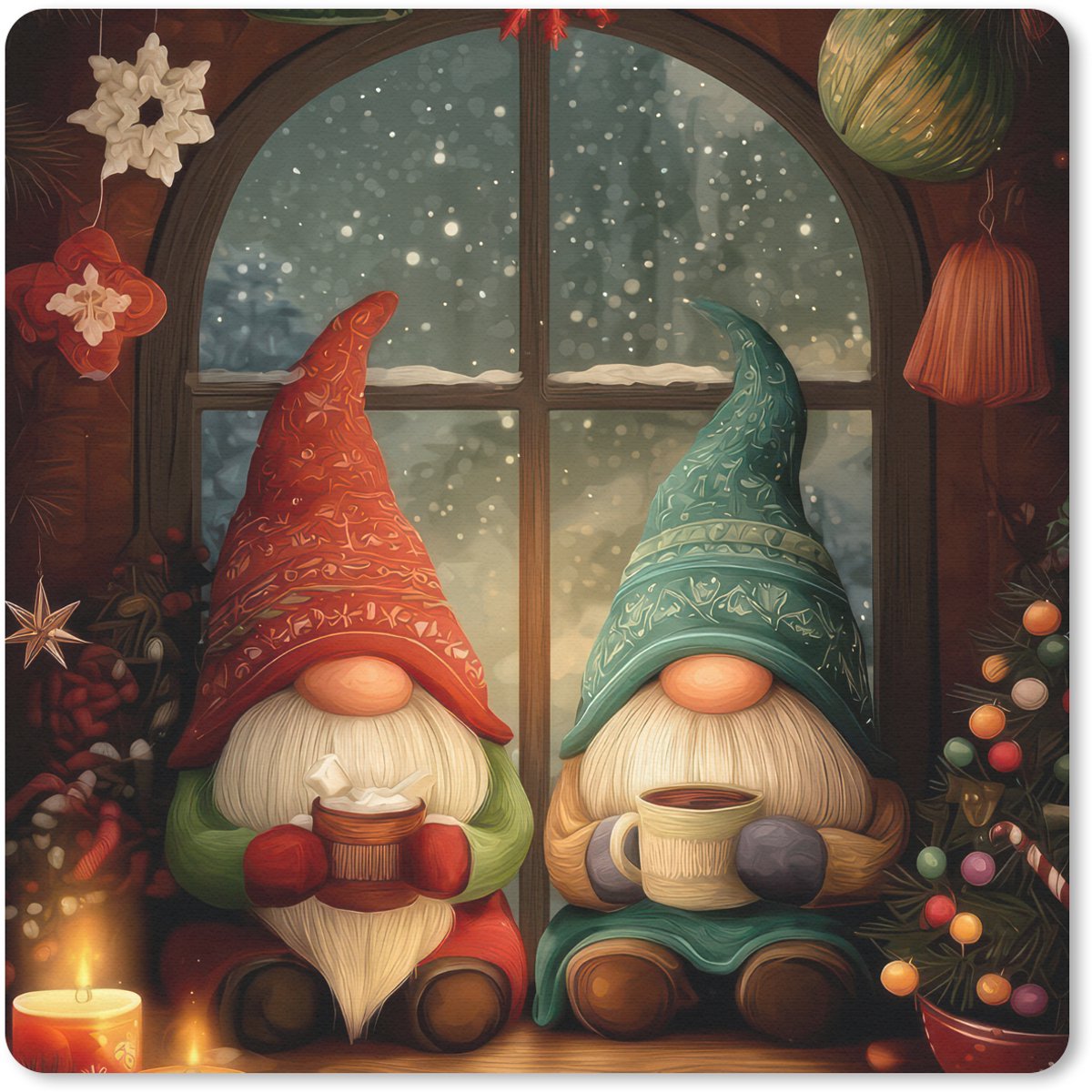 Muismat 30x30 cm - Mousepad Gnooms - Kerst - Raam - Kleurrijk - Muismatten