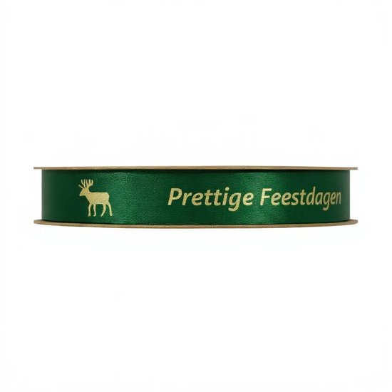 Groen satijnen lint met een goudkleurige opdruk van een hertje en "Prettige Feestdagen".