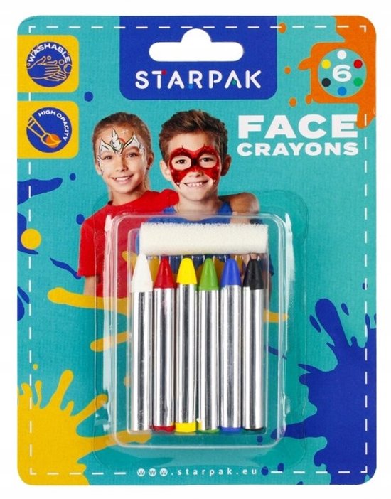 Emballage de crayons Starpak pour le visage avec 6 couleurs, dont rouge, jaune, vert, bleu, noir et blanc. Deux enfants avec des visages maquillés.
