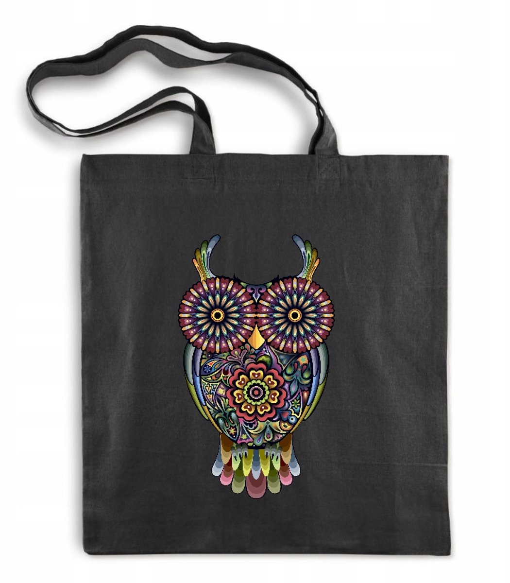 Zwarte Katoenen Shopper Tas met Uil Print - 38x42cm