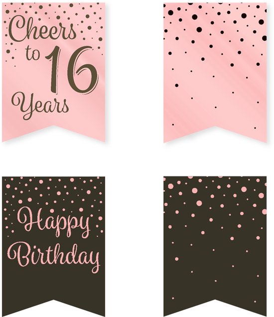 Vlaggetjes met 'Cheers to 16 Years' en 'Happy Birthday'. Roze met zwarte stippen.