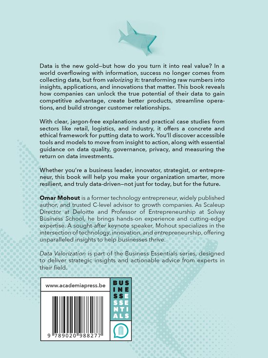 Boek kaft met tekst over 'Data Valorization' en een origami visje.
