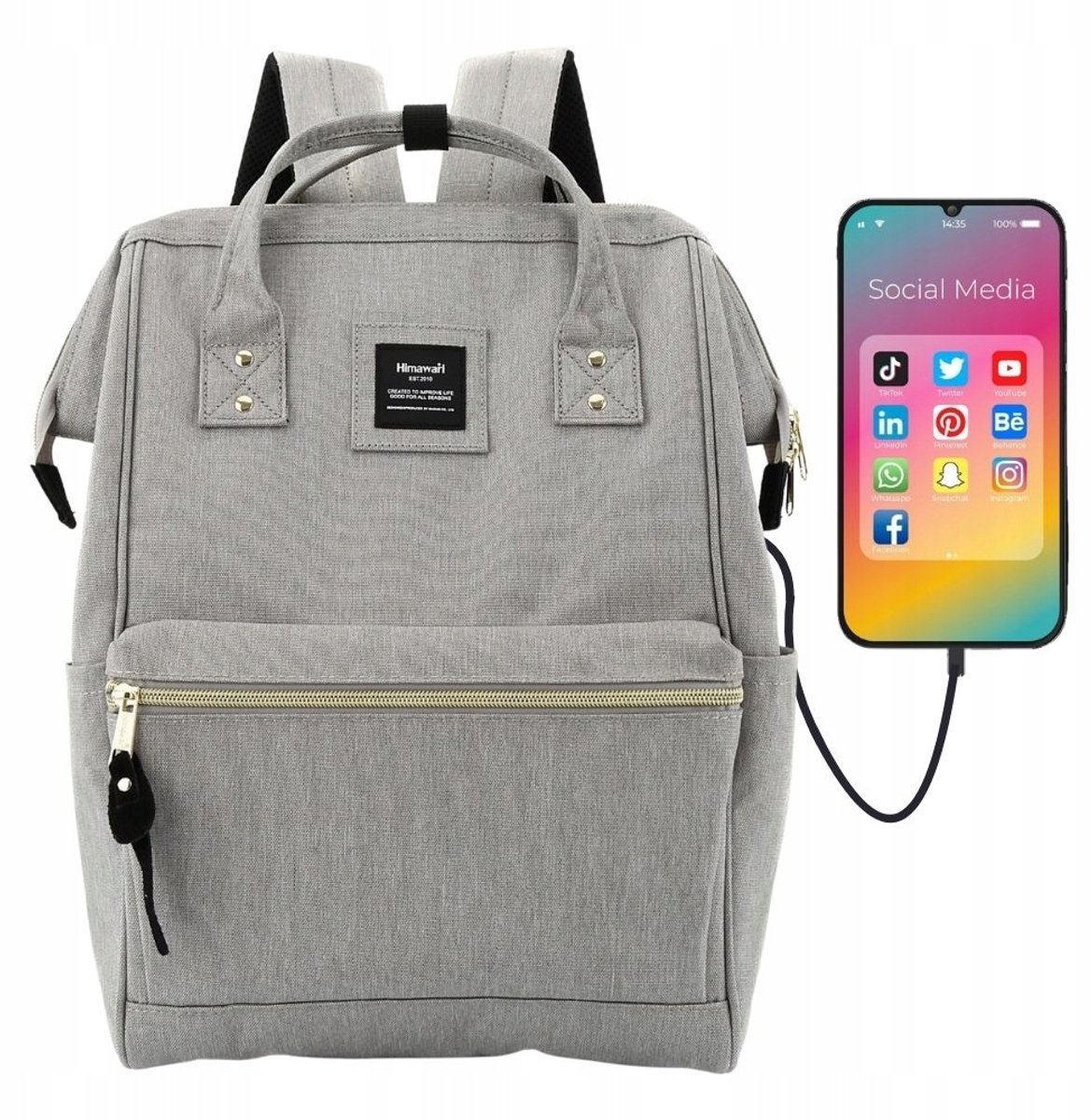 Himawari Rugzak Grijs Melange met USB, Laptopvak, A4 - 19L