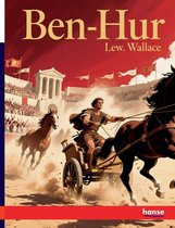 Boekomslag: Ben-Hur, Lew. Wallace. Een man in een wagen met twee paarden in een rennen, met een arena en publiek op de achtergrond.