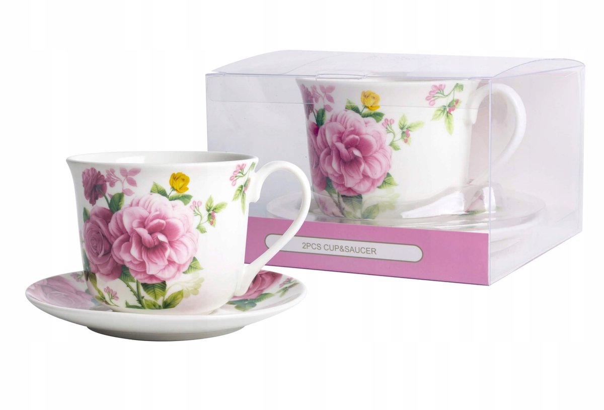 Porseleinen Mok met Schotel - Roze Bloemen - 400 ml