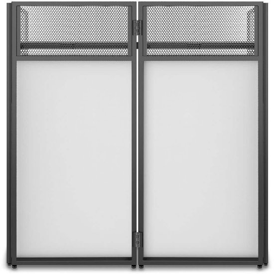 Zwarte DJ booth met metalen rooster bovenkant en witte panelen aan de voorkant.