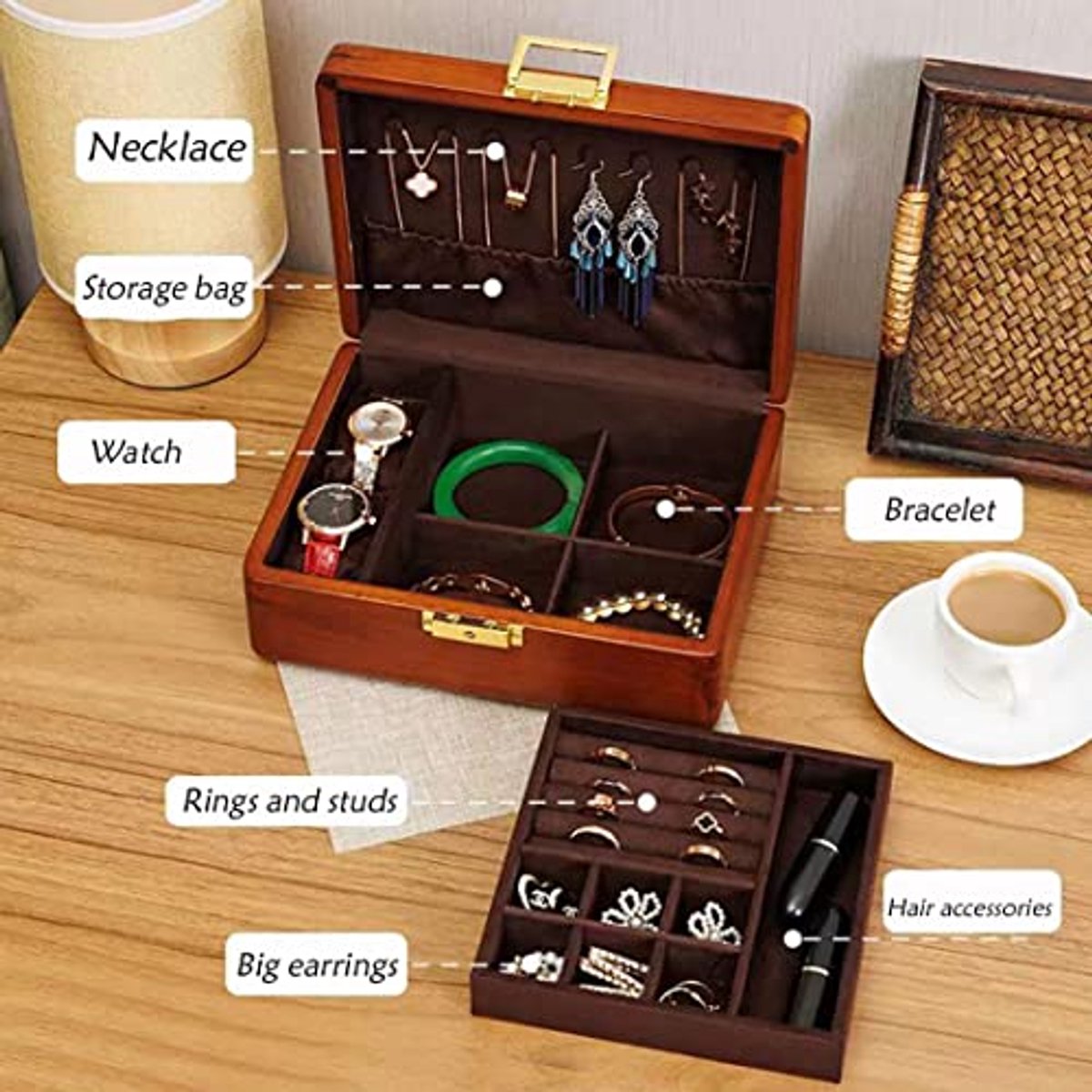 Bescott Massief houten sieradendoos met 2 lagen, vintage sieradenorganizer met fluwelen interieur, slot en sleutel, opbergdoos voor oorbellen, ringen, kettingen, armbanden en horloges, ideaal cadeau