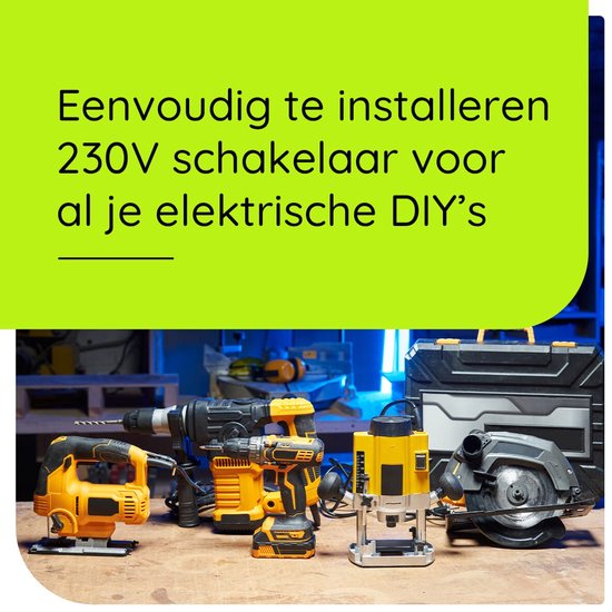 Diverse elektrische doe-het-zelf gereedschappen, waaronder een boorhamer en cirkelzaag.