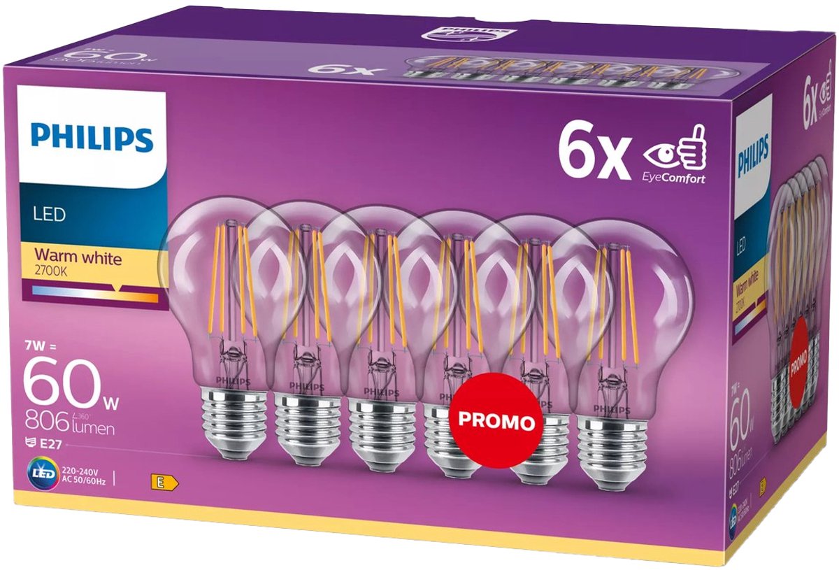 Philips energiezuinige LED Lamp Transparant - 60 W - E27 - warmwit licht - 6 stuks - Bespaar op energiekosten