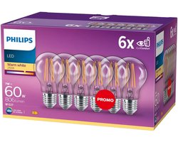 Philips energiezuinige LED Lamp Transparant - 60 W - E27 - warmwit licht - 6 stuks - Bespaar op energiekosten