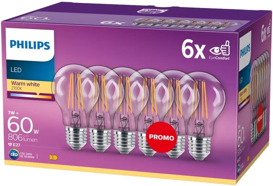 Philips LED lamp – 60W – E27 – warmwit – 6 stuks