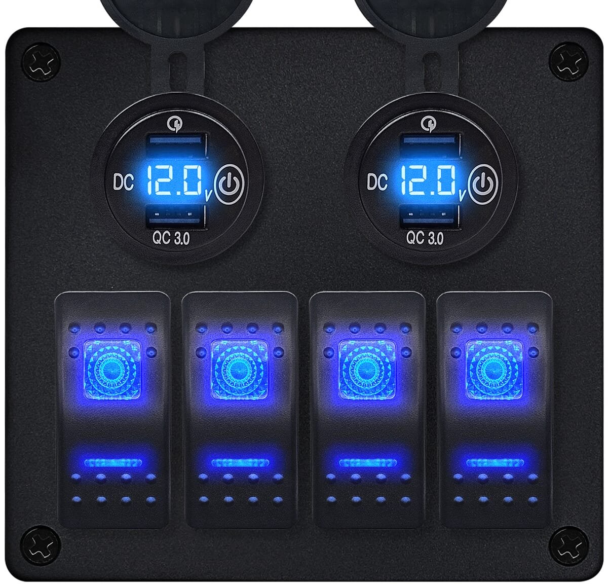 ProRide Schakelpaneel 12V voor Auto/Boot - USB Stopcontact 4 Poorten met Schakelaar en Voltmeter - QC3.0 - 4 schakelaars - Blauw