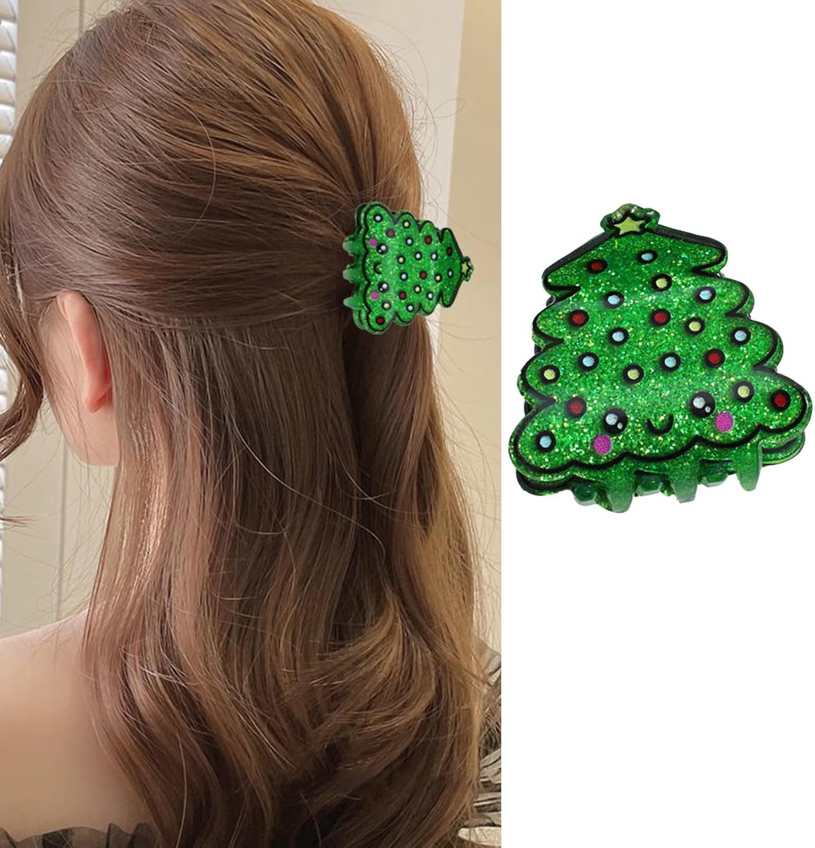 Daity Glanzende schattige groene kerstboomhaarspeldjes - Mini acryl haarspeldjes - Unieke kerstklauwspeldjes - Haaraccessoires voor vrouwen en meisjes
