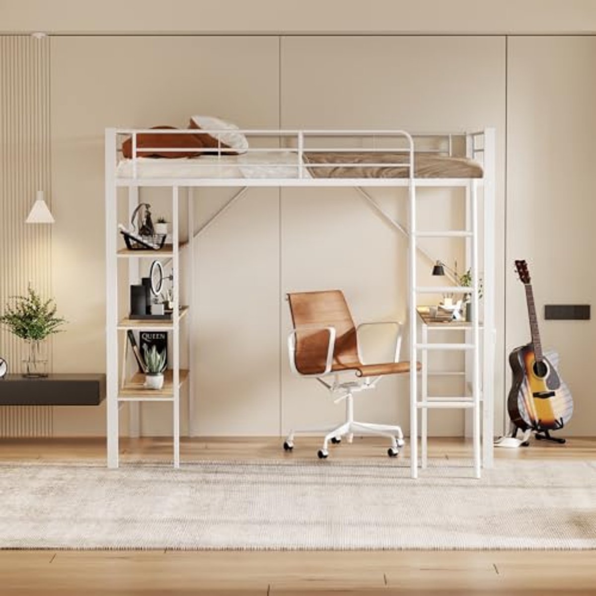 Metalen hoogslaper met bureau en planken voor kinderen en volwassenen - 90 x 200 cm