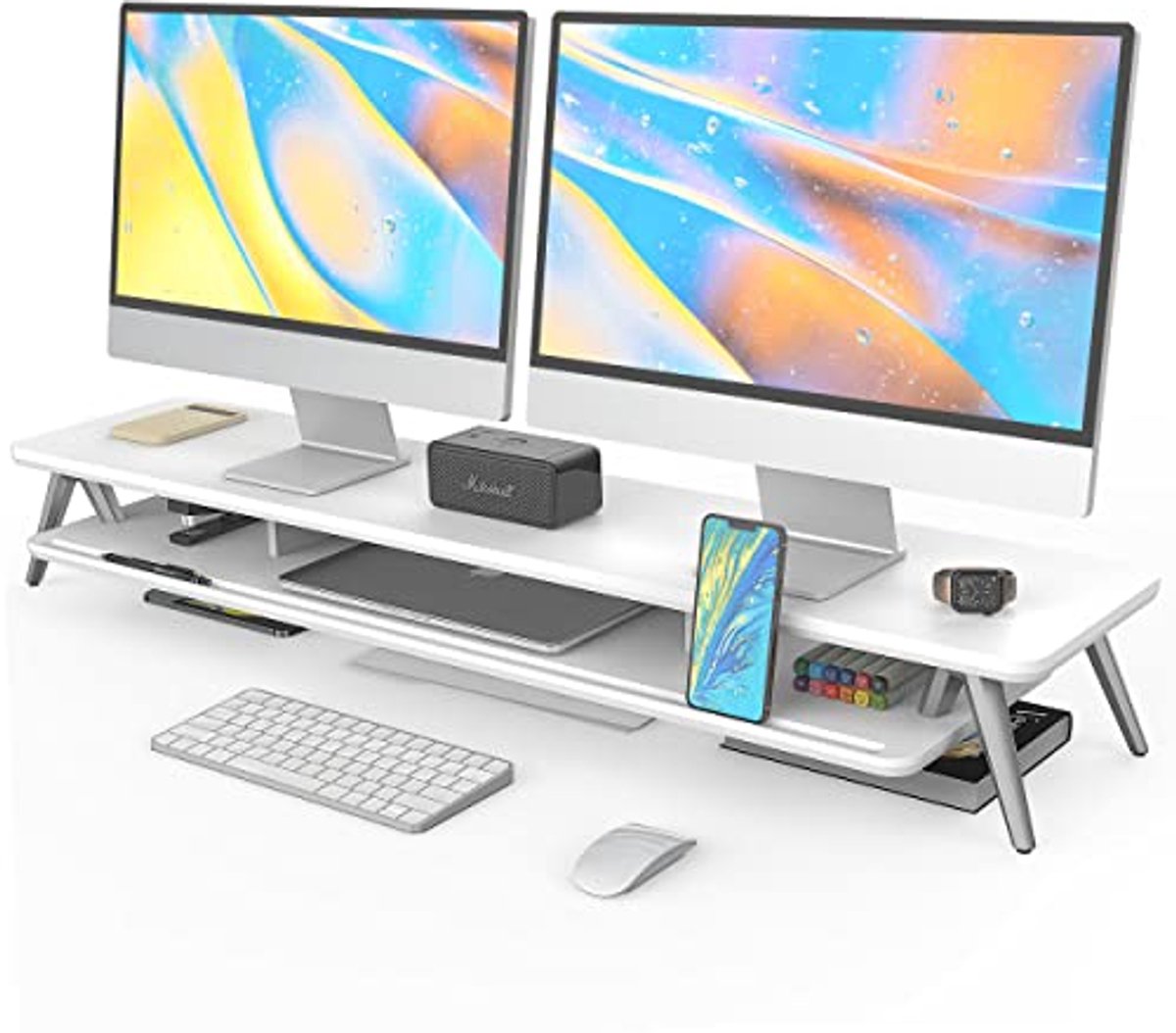 Monitorstand Hoogte Verstelbaar met Opbergfunctie voor Telefoon/Tablet - Desk Organizer 108x23.5x14.5cm