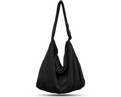 Zwarte Dames Schoudertas - Grote Katoenen Shopper en Crossbody Tas - Multifunctioneel voor Kantoor, Opleiding en Dagelijks Gebruik