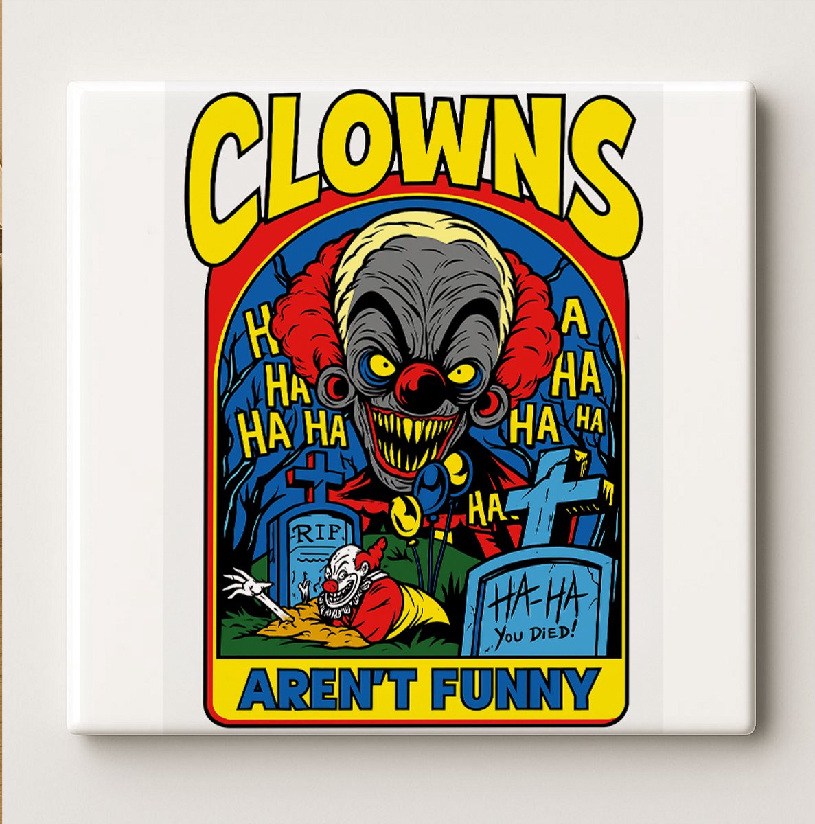 Nevolis Eng Clown Horror Tegel 15x15cm – “Clowns Zijn Niet Grappig” Griezelige Gothic Muurdecoratie voor Halloween & Verzamelaars Multi Color
