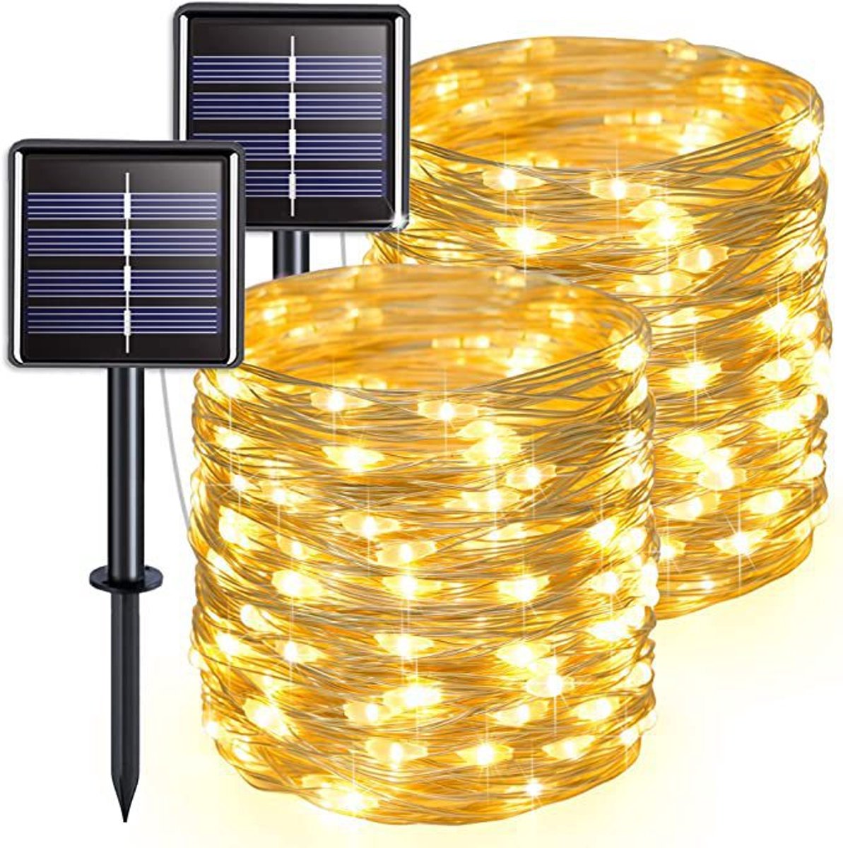 LED-zonnelamp met acht standen, lichtsnoer vol sterren, decoratief lichtsnoer voor buiten, kerstsfeer - warm wit, 12 meter, 100 lampjes