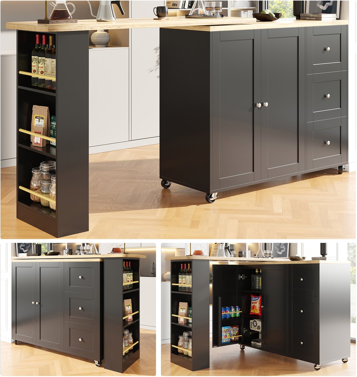 360° Draaibare Bartafel op Wielen (135-203x39x106 cm) - Zwarte Multifunctionele Eiland met 3 Lades & Snackhouder - Voor Keuken en Woonkamer