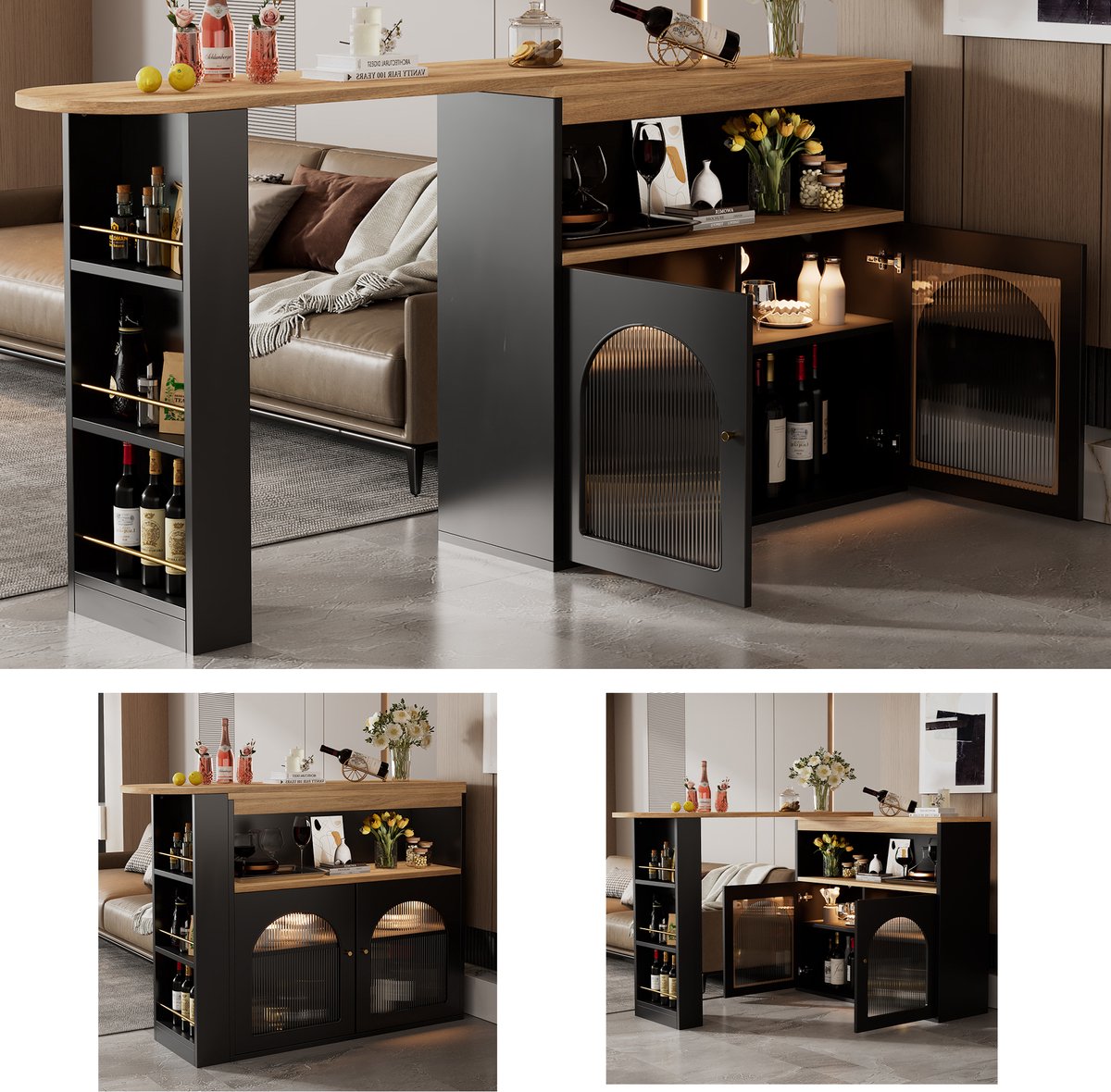Uitschuifbare Bartafel (138-193x39x105 cm) - Moderne Draaibare Hoge Tafel met Opbergruimte & Instelbare LED Verlichting (1m) - Zwart