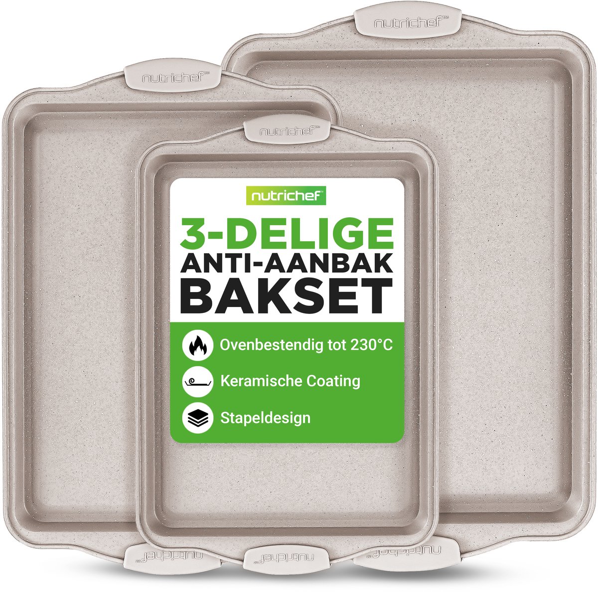 NutriChef 3-delige Anti-aanbak Bakplaat - Premium Carbon Steel Bakpannen met Zwarte Siliconen Handgrepen - Vrij van PFOA/PFOS/PTFE,